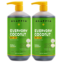 Alaffia Everyday Coconut body wash bottle with rich foam for daily cleansing.