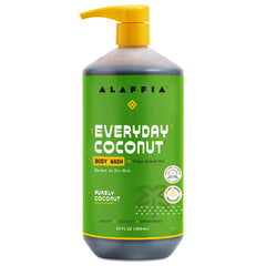 Alaffia Everyday Coconut bottle showing creamy lather for daily cleansing