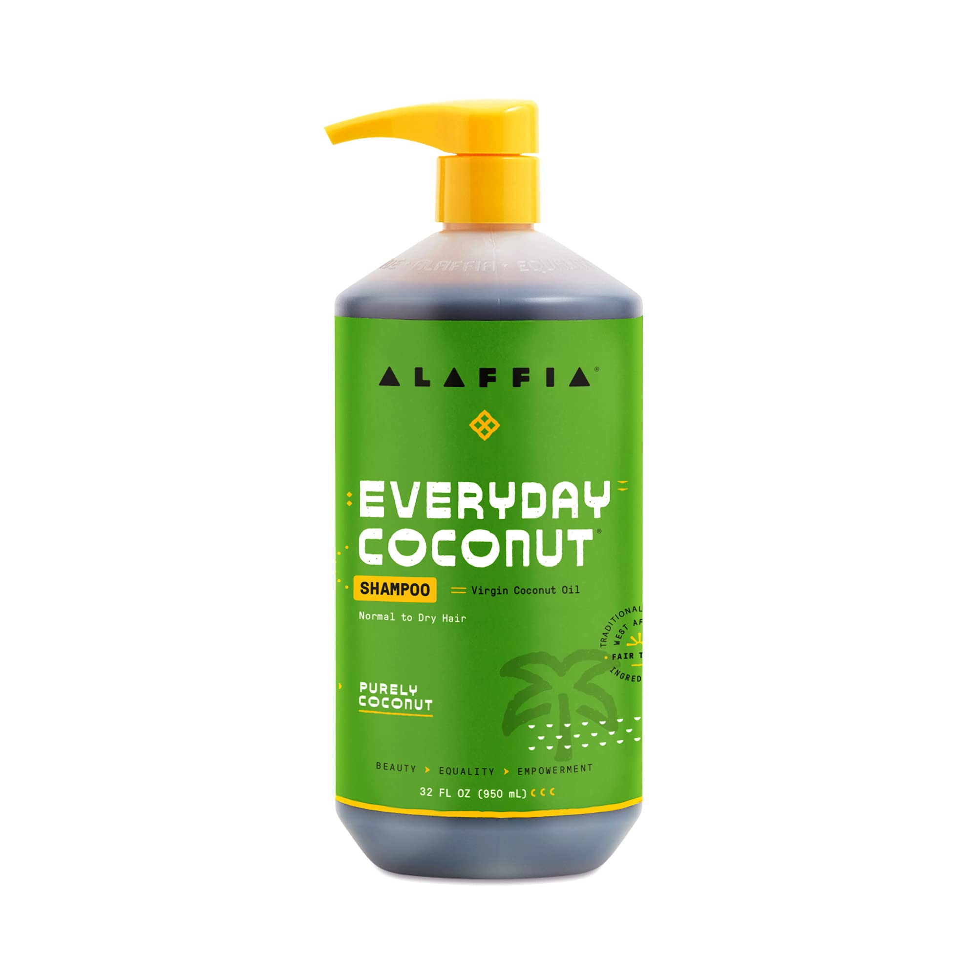 Alaffia EveryDay Coconut Shampoo bottle highlights gentle cleansing and hydration for dry hair.