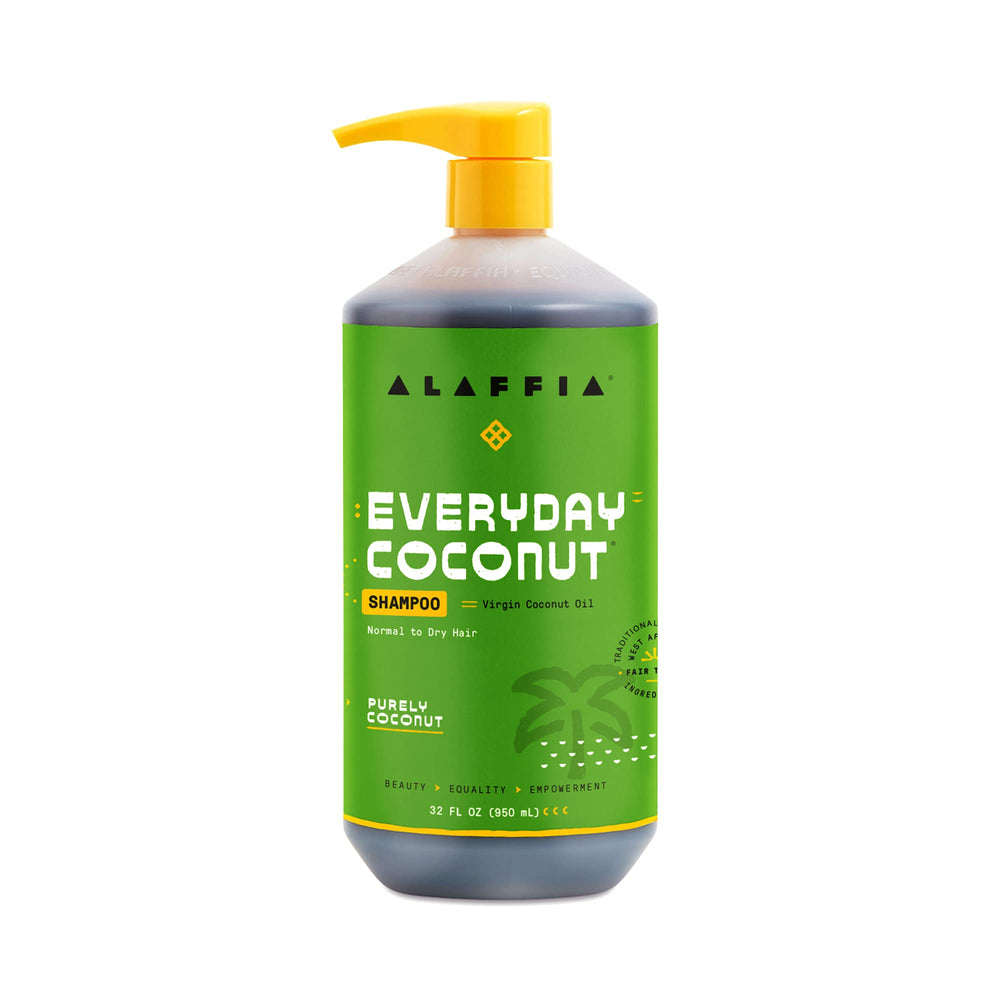 Alaffia EveryDay Coconut Shampoo bottle highlights gentle cleansing and hydration for dry hair.