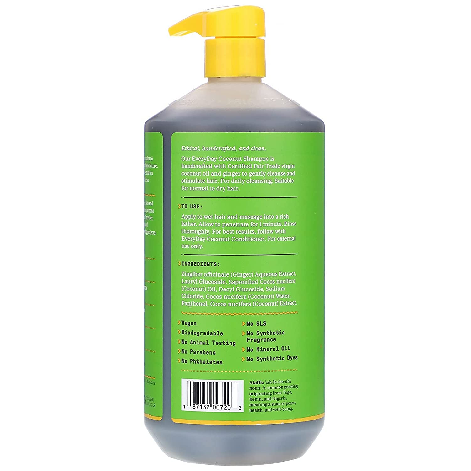 Alaffia EveryDay Coconut Shampoo with ginger and coconut oil ingredients for scalp refresh.