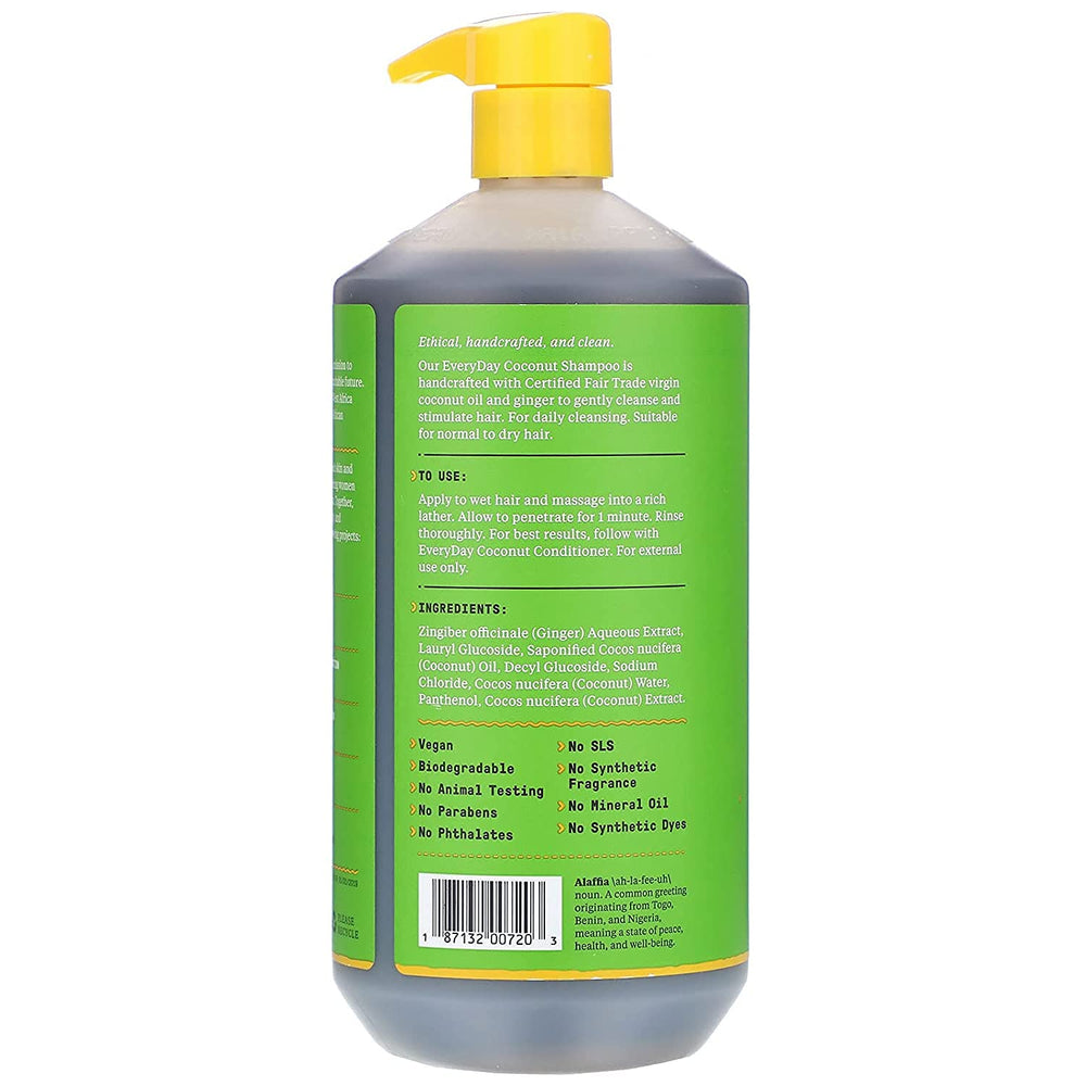 Alaffia EveryDay Coconut Shampoo with ginger and coconut oil ingredients for scalp refresh.
