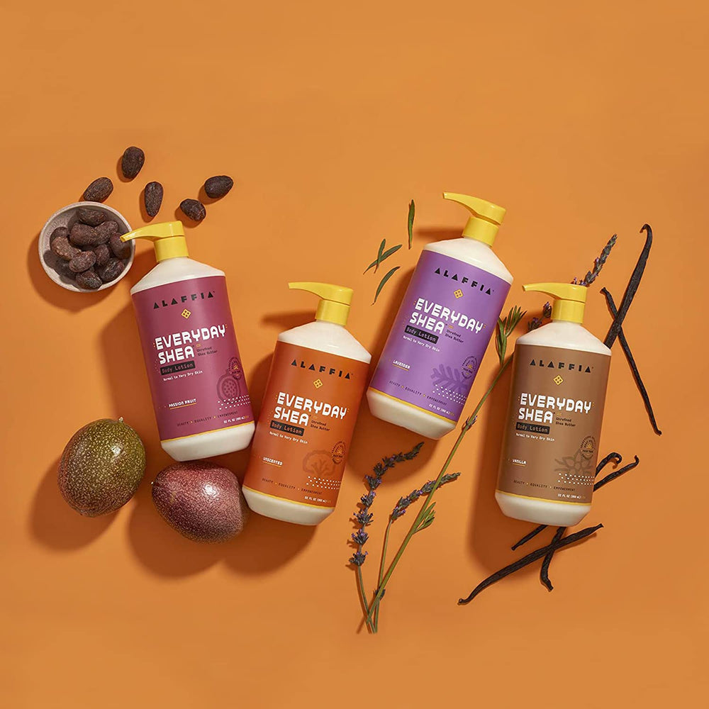 Alaffia Everyday Shea Body Lotion on dry skin areas for deep moisturizing.
