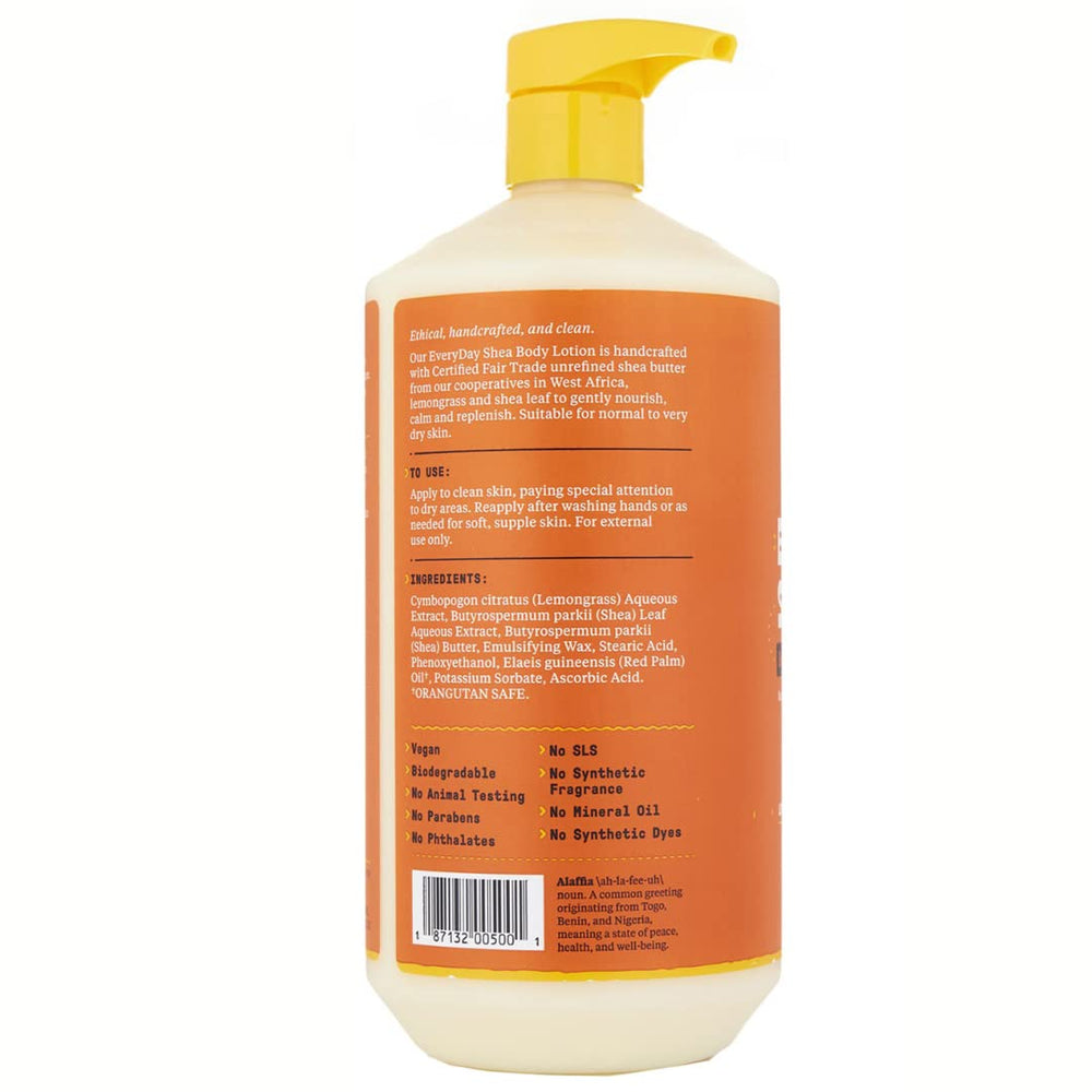 Alaffia Everyday Shea Body Lotion ingredients: shea butter and leaf extracts for hydration.