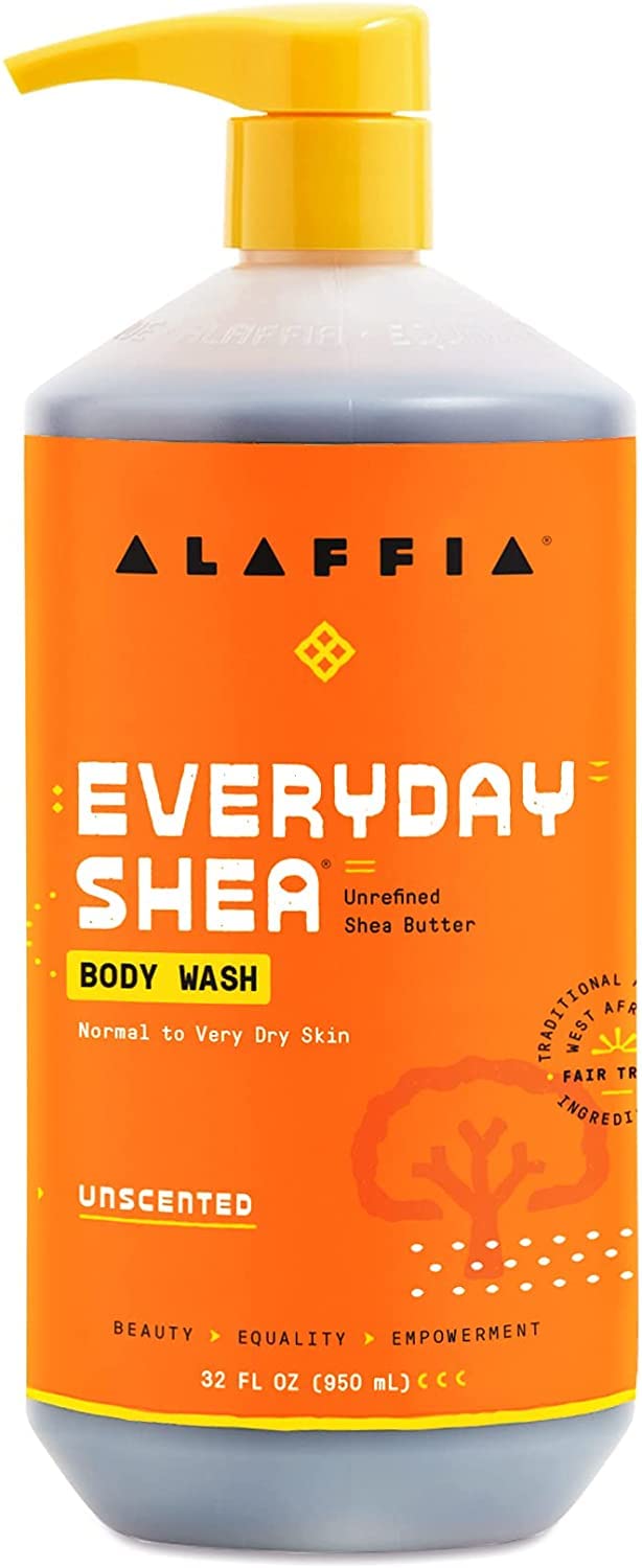 Alaffia Everyday Shea Body Wash bathroom-scene suggesting a clean shower routine with unscented formula.