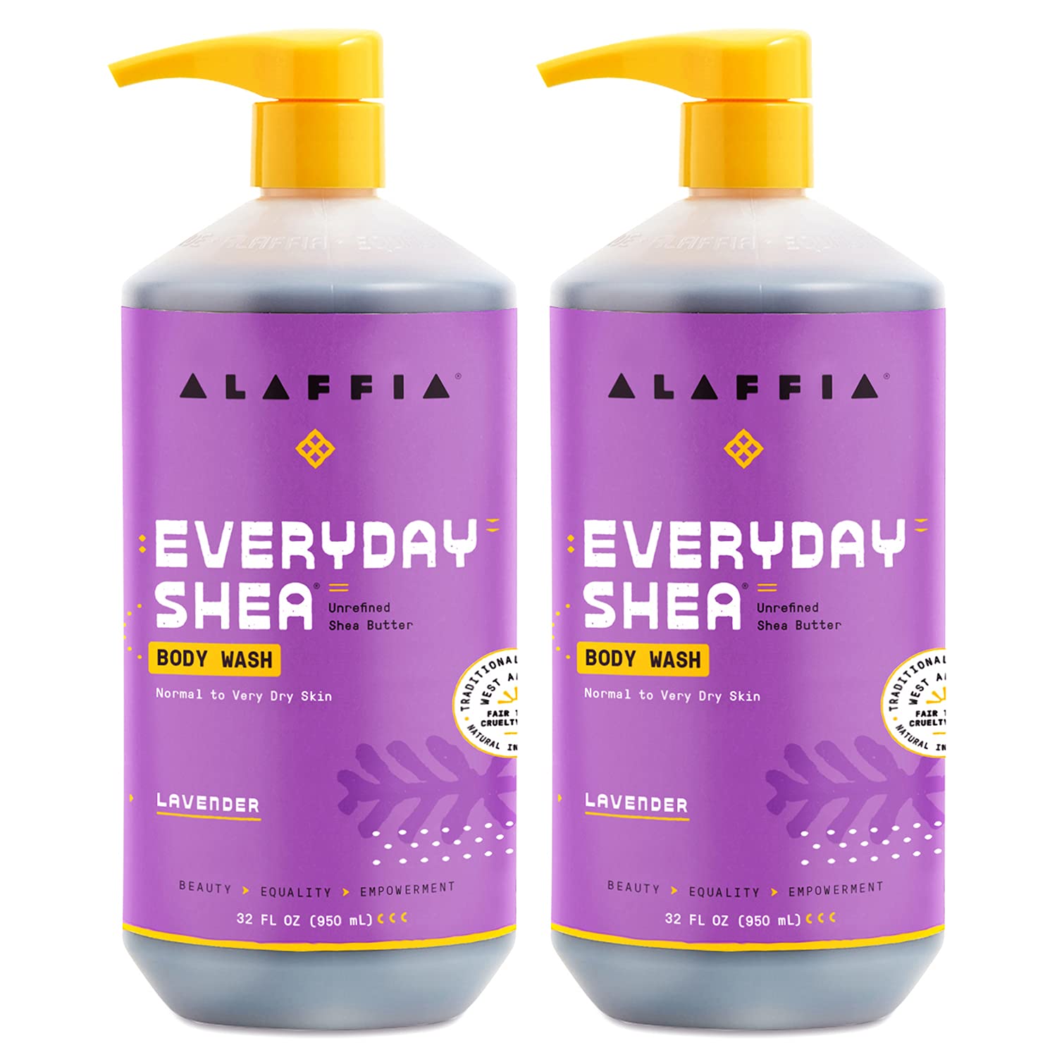 Alaffia Everyday Shea Body Wash lavender front view bottle for moisturizing cleanse.