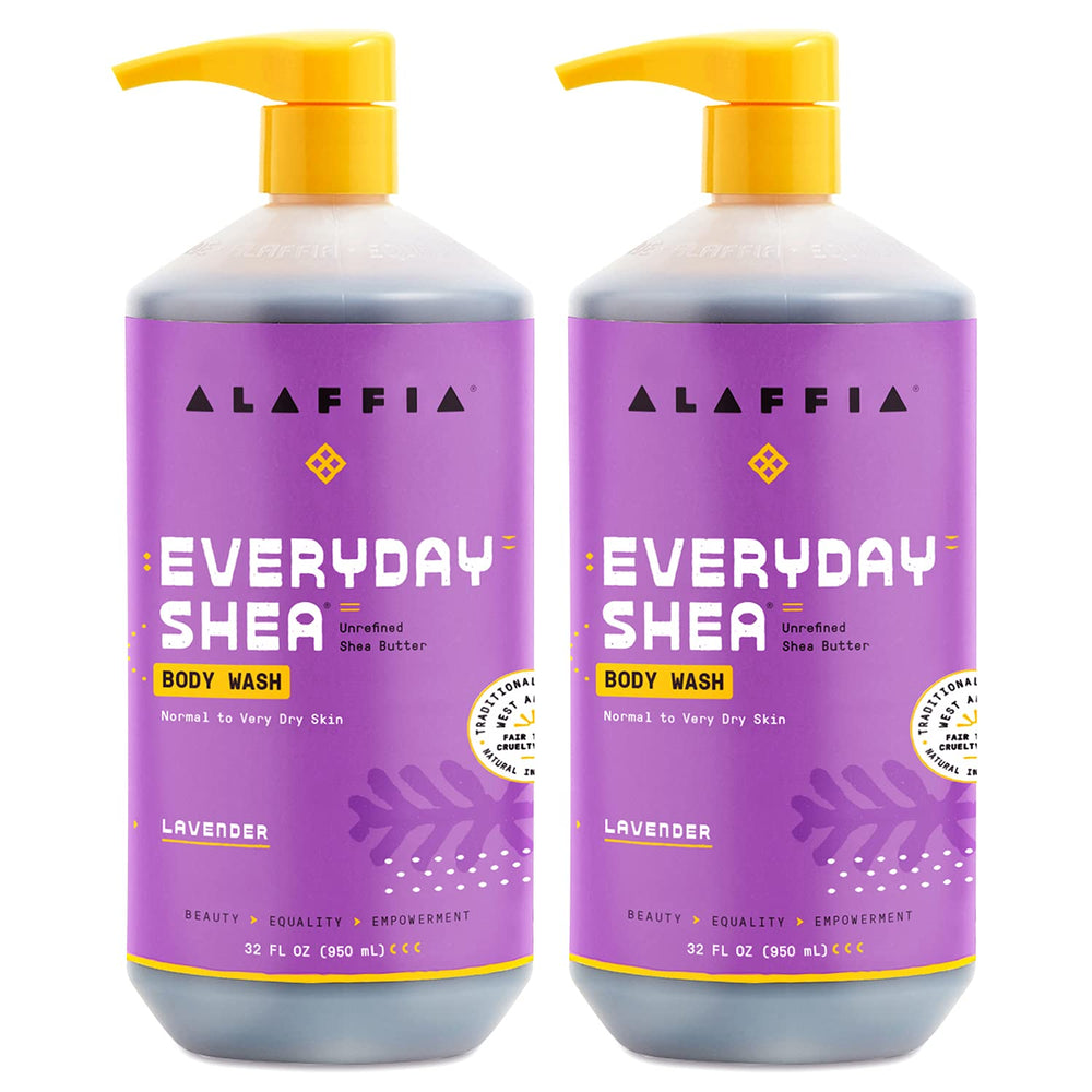 Alaffia Everyday Shea Body Wash lavender front view bottle for moisturizing cleanse.