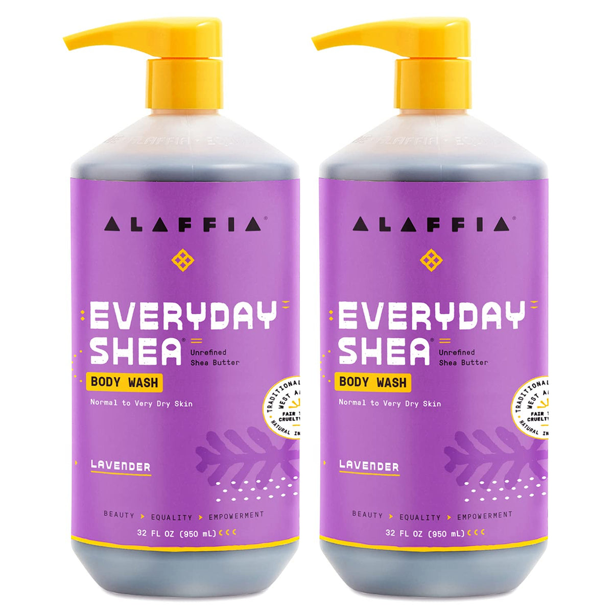 Alaffia Everyday Shea Body Wash lavender front view bottle for moisturizing cleanse.