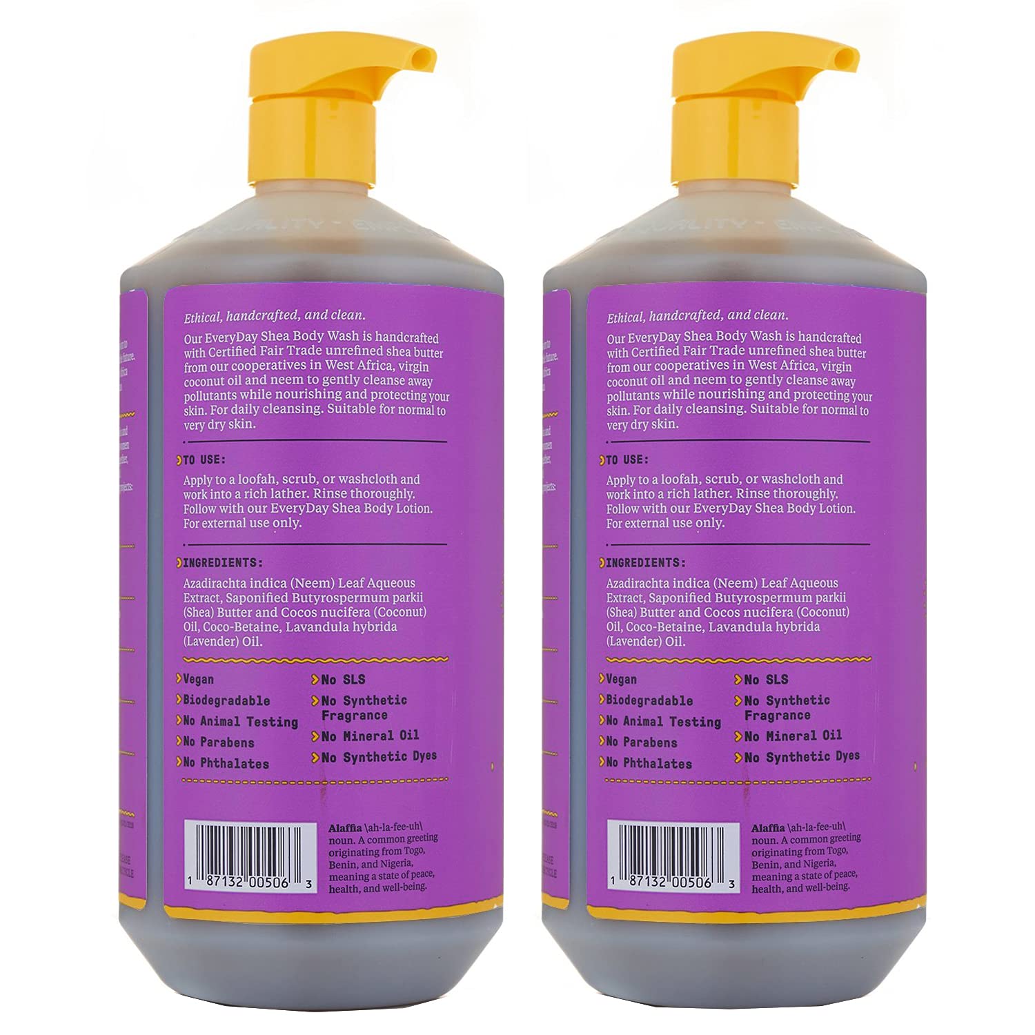 Alaffia Everyday Shea Body Wash lavender label close-up shows natural ingredients.