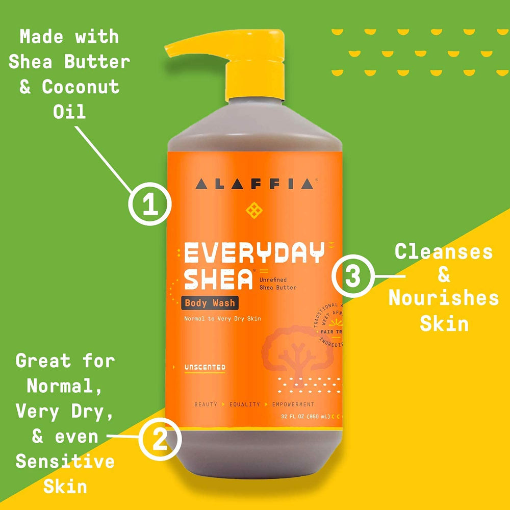 Alaffia Everyday Shea Body Wash unscented label indicating fragrance-free hydration.