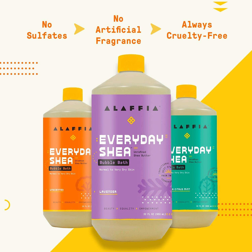 Alaffia Everyday Shea Bubble Bath bubbles form in the tub with lavender aroma for spa-like relaxation.