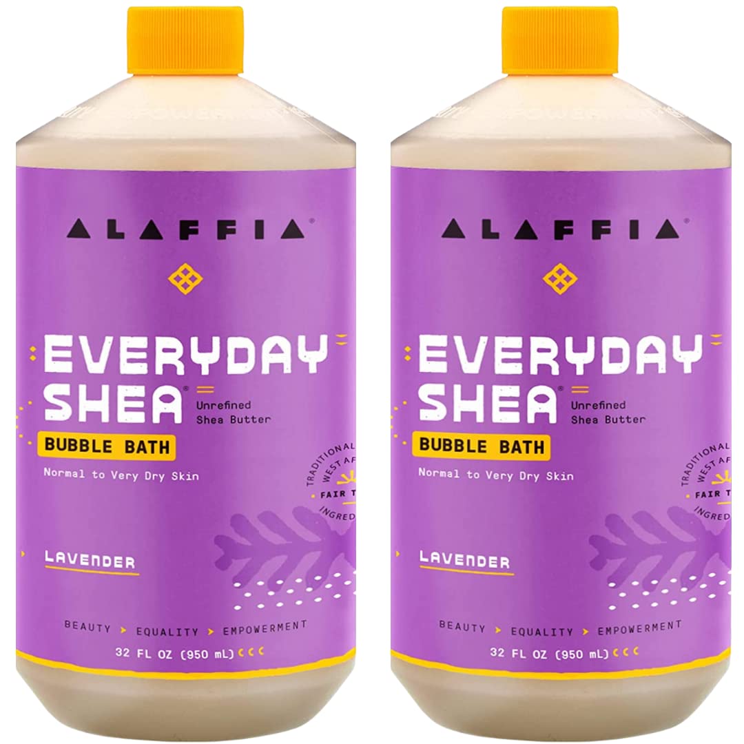 Alaffia Everyday Shea Bubble Bath packaging highlights fair-trade ingredients for gentle cleansing.