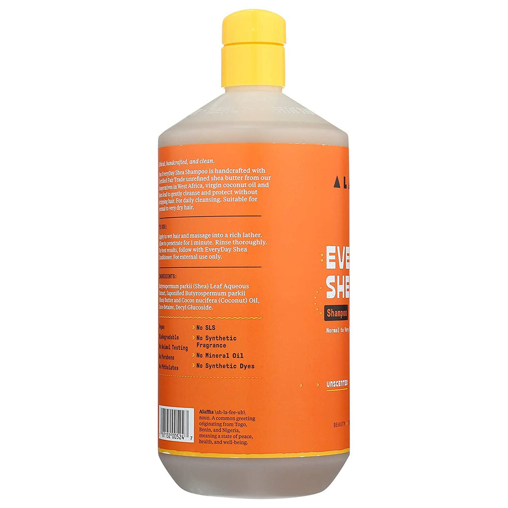 Alaffia EveryDay Shea Shampoo front bottle highlights 32 oz size and unscented formula.