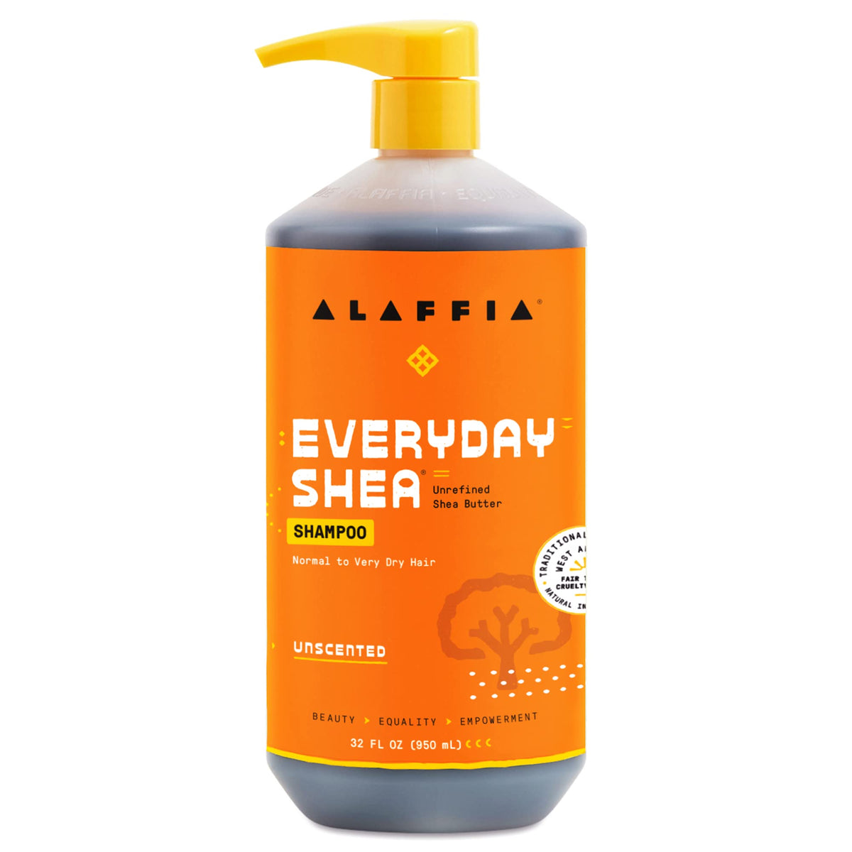Alaffia EveryDay Shea Shampoo unscented bottle shows gentle cleansing for sensitive scalps.