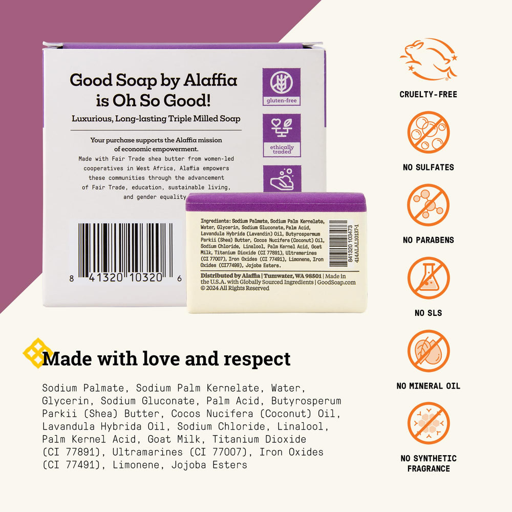 Alaffia Good Soap Lavender four-bar pack highlights Fair Trade shea butter.