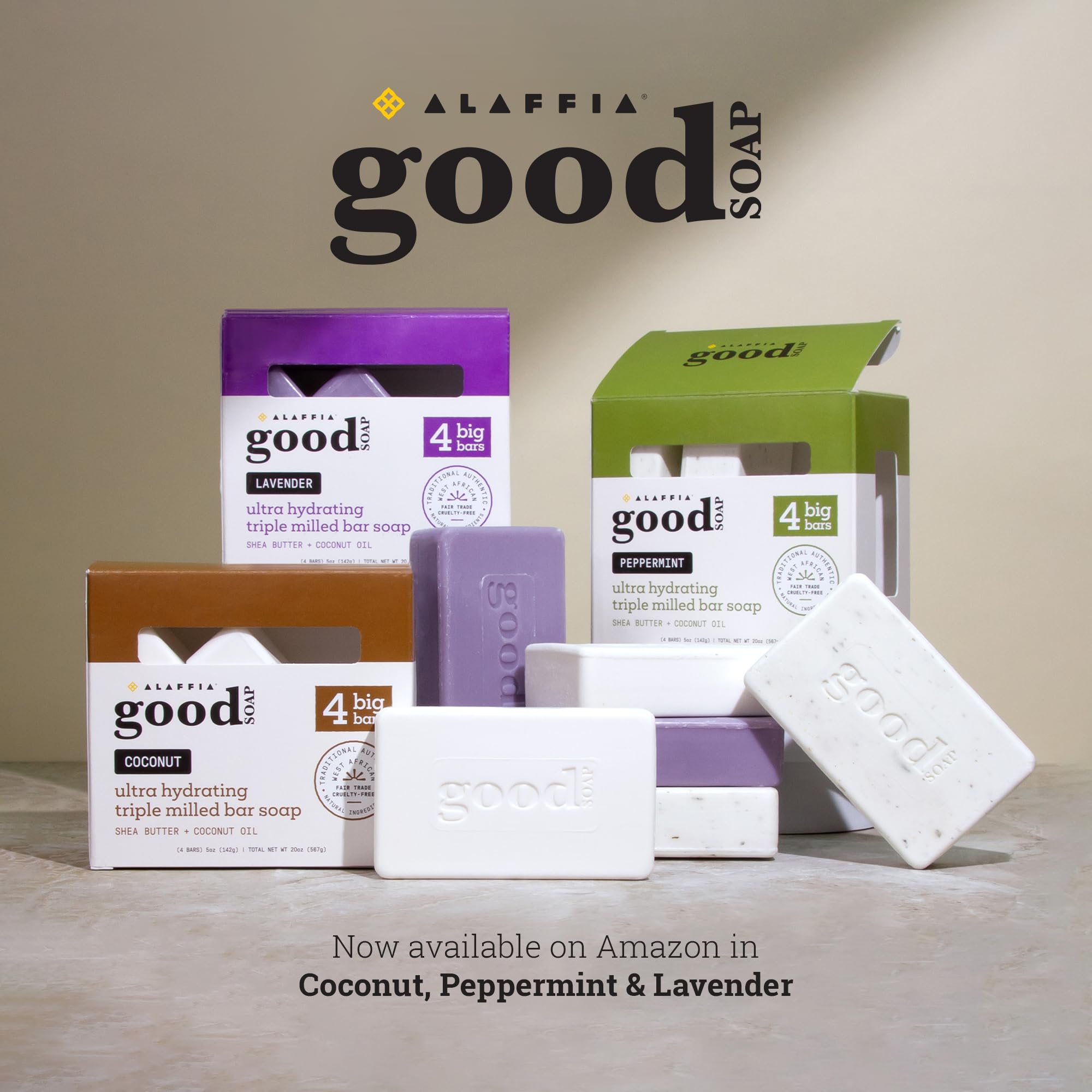 Alaffia Good Soap Lavender bath routine promotes gentle cleansing and aromatic calm.