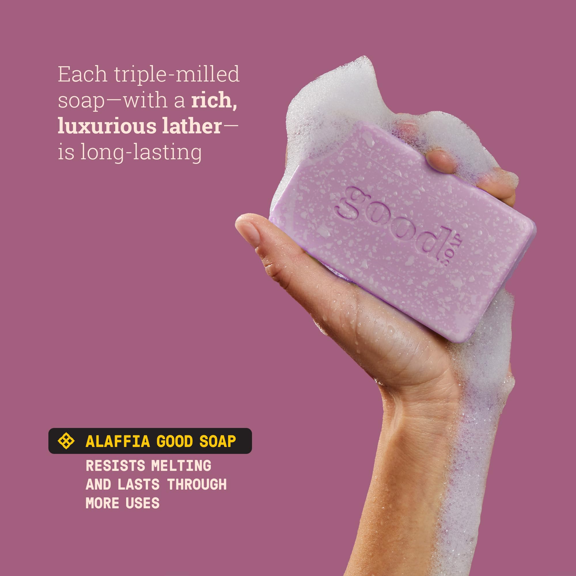 Alaffia Good Soap Lavender with Fair Trade shea butter from West Africa.