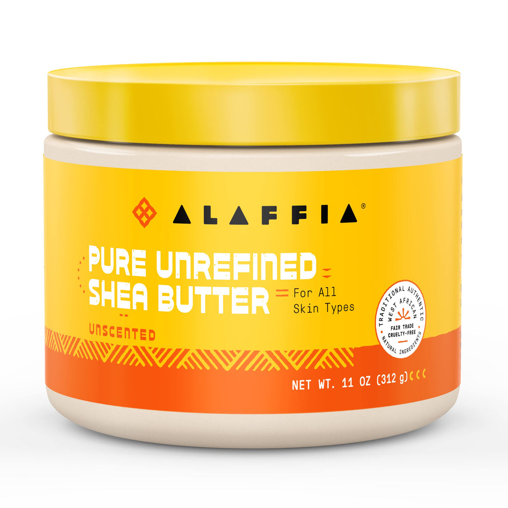 Alaffia Pure Unrefined Shea Butter Unscented 11 oz label highlighting fair trade origins and natural ingredients