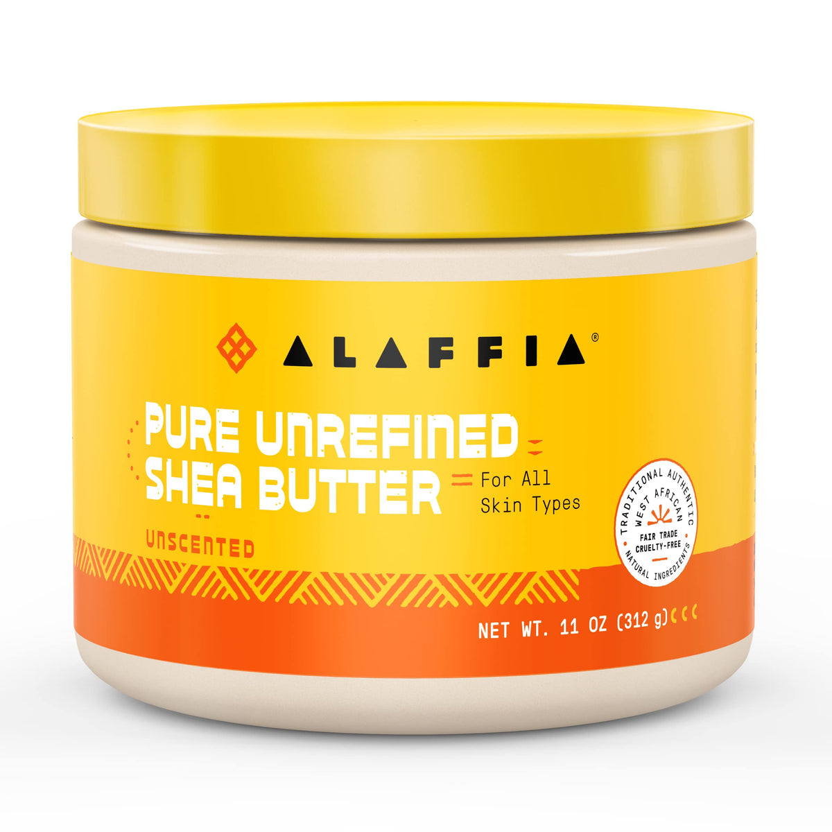 Alaffia Pure Unrefined Shea Butter Unscented 11 oz label highlighting fair trade origins and natural ingredients