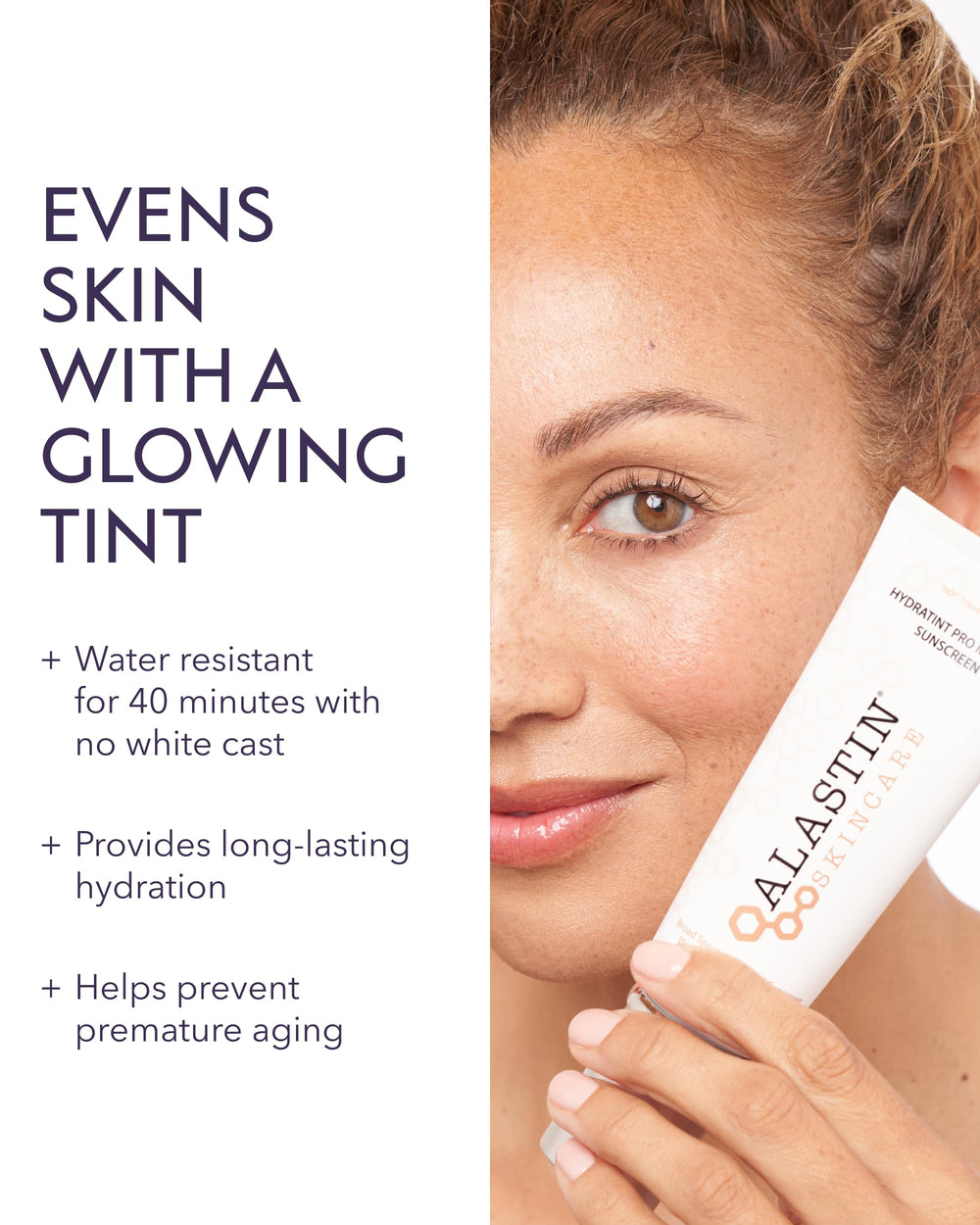 ALASTIN HydraTint Pro Mineral Sunscreen applied to the face shows a sheer, hydrated finish.