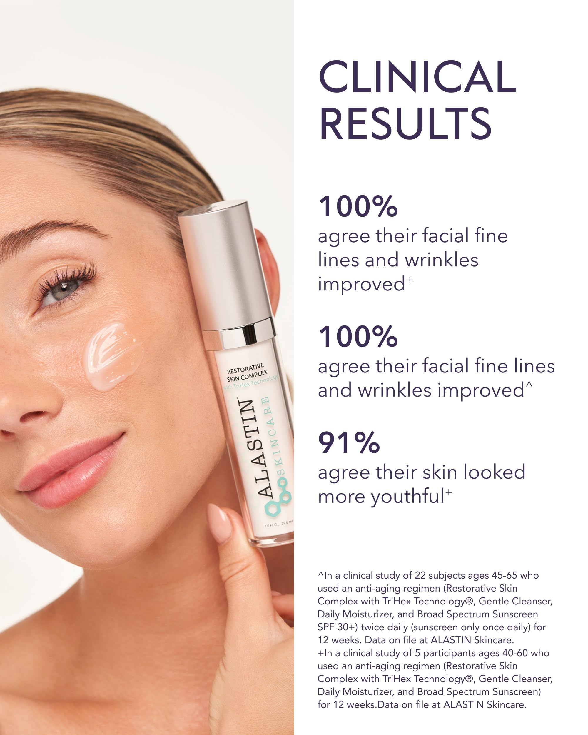 Daytime use of ALASTIN Restorative Skin Complex preps skin for makeup with a balanced glow.