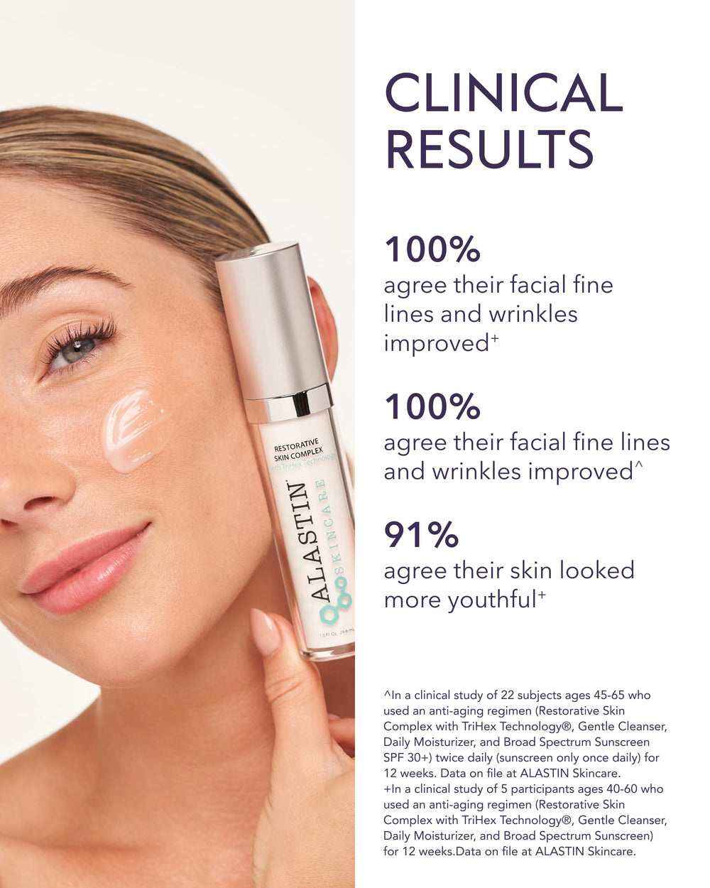 Daytime use of ALASTIN Restorative Skin Complex preps skin for makeup with a balanced glow.