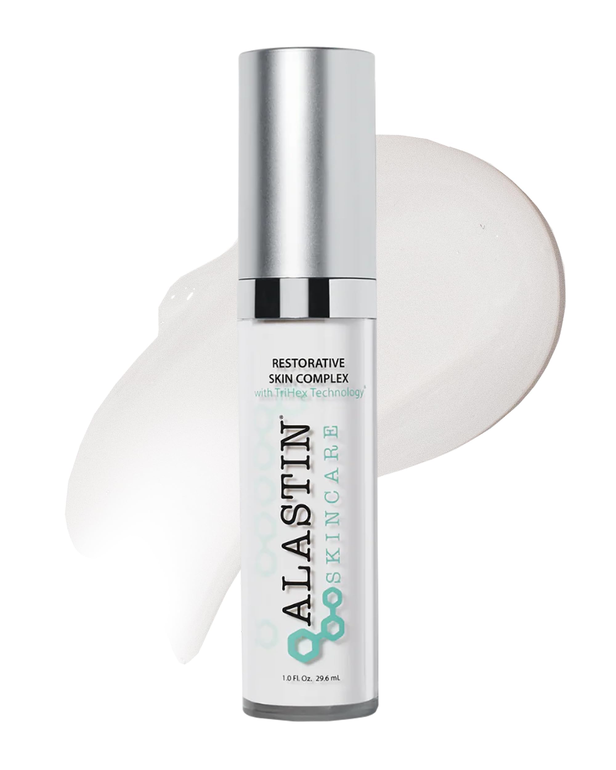 ALASTIN Restorative Skin Complex serum bottle enhances texture and brightness with silky, hydrating feels.