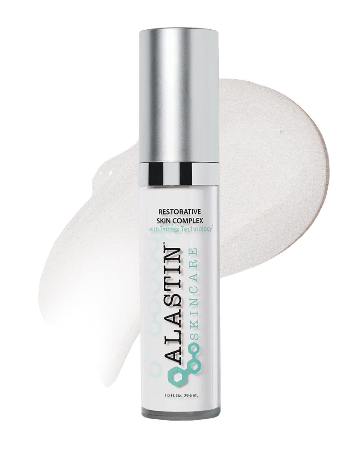ALASTIN Restorative Skin Complex serum bottle enhances texture and brightness with silky, hydrating feels.
