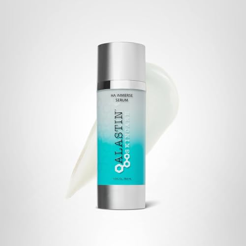 The ALASTIN Skincare HA IMMERSE bottle rests on skin after application.