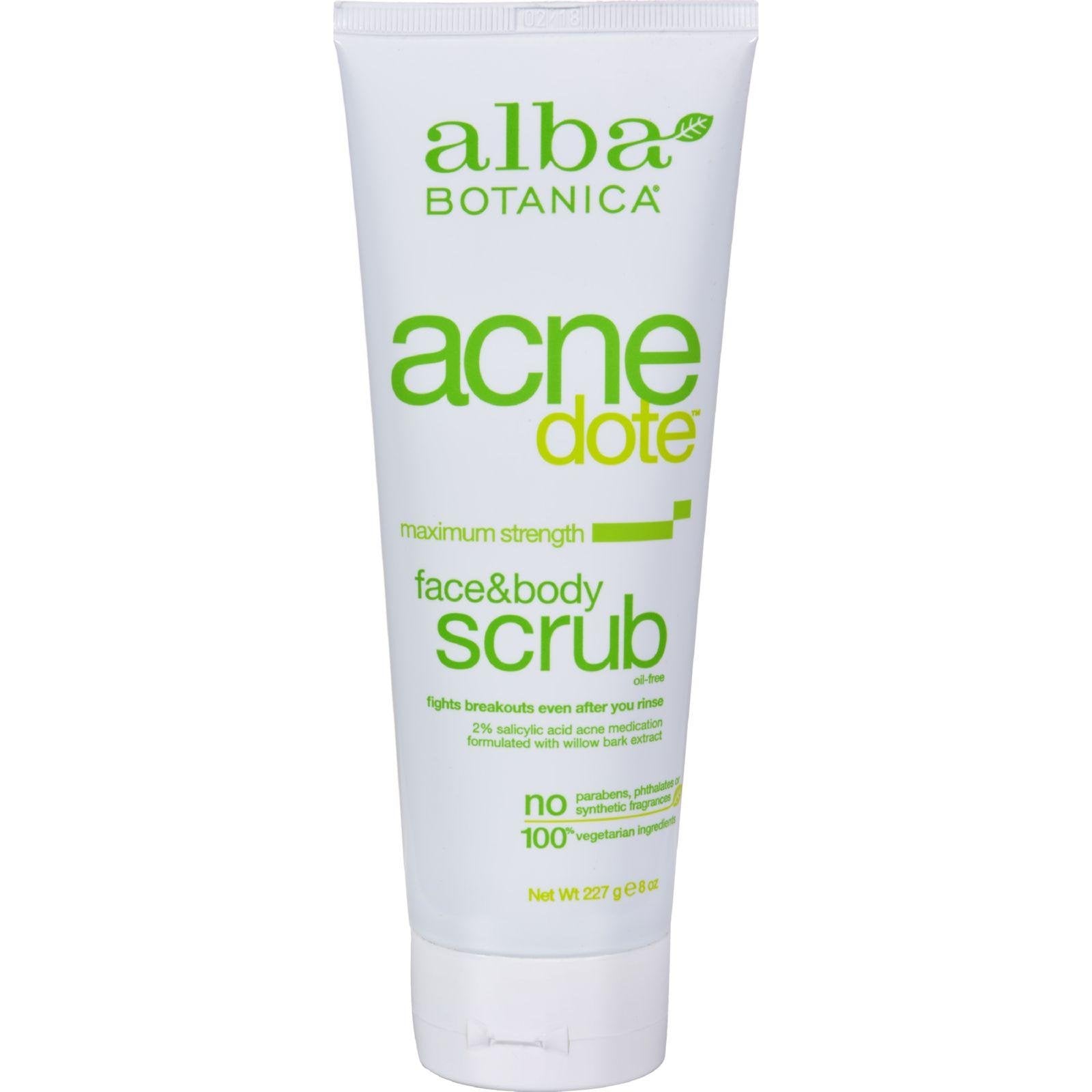 Alba Botanica Acnedote face and body scrub texture close-up shows exfoliating action for smoother skin.