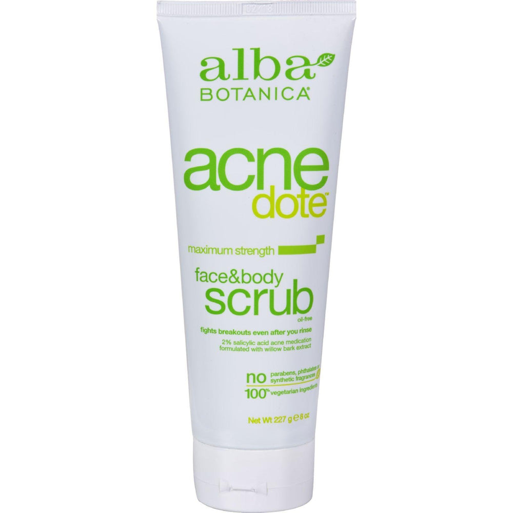 Alba Botanica Acnedote face and body scrub texture close-up shows exfoliating action for smoother skin.