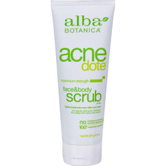 Alba Botanica Acnedote face and body scrub texture close-up shows exfoliating action for smoother skin.