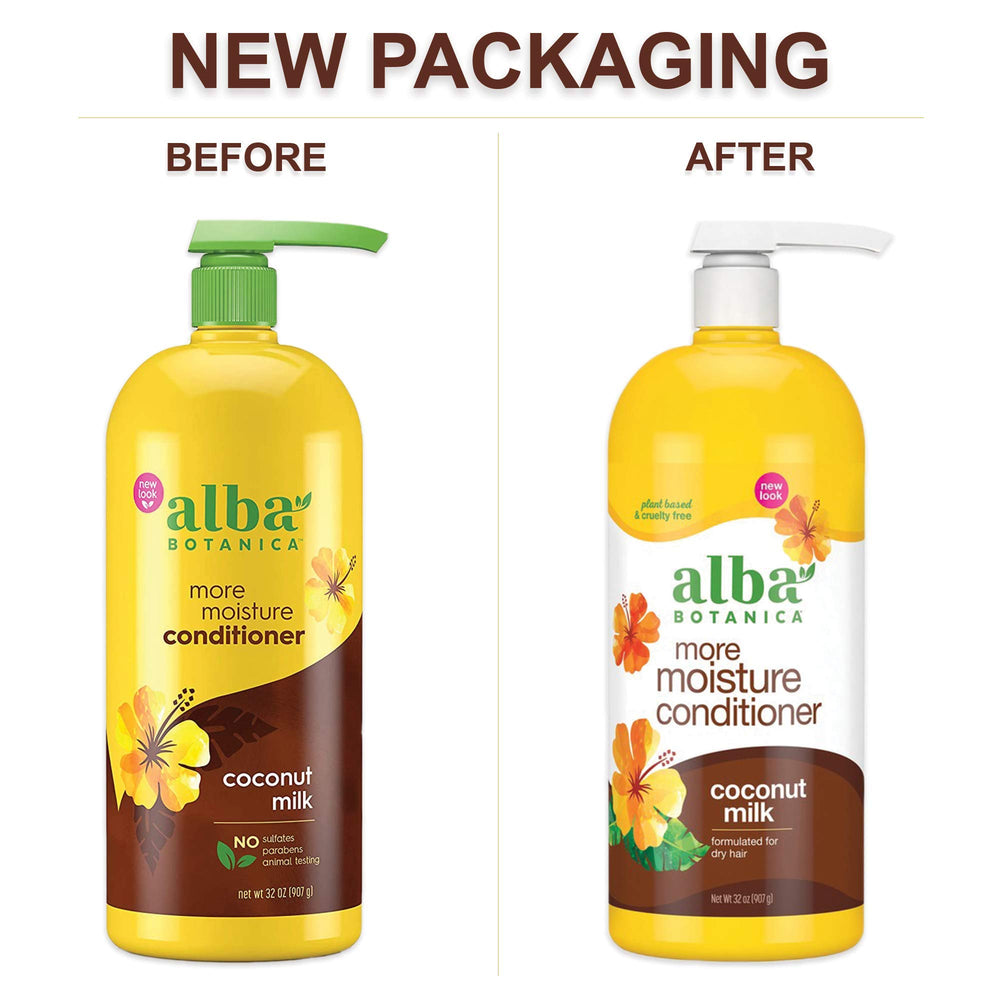 Alba Botanica More Moisture Coconut Milk conditioner close-up shows creamy texture for even coverage
