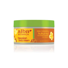 Alba Botanica Kukui Nut Body Cream bottle-front showing rich hydration for dry skin.