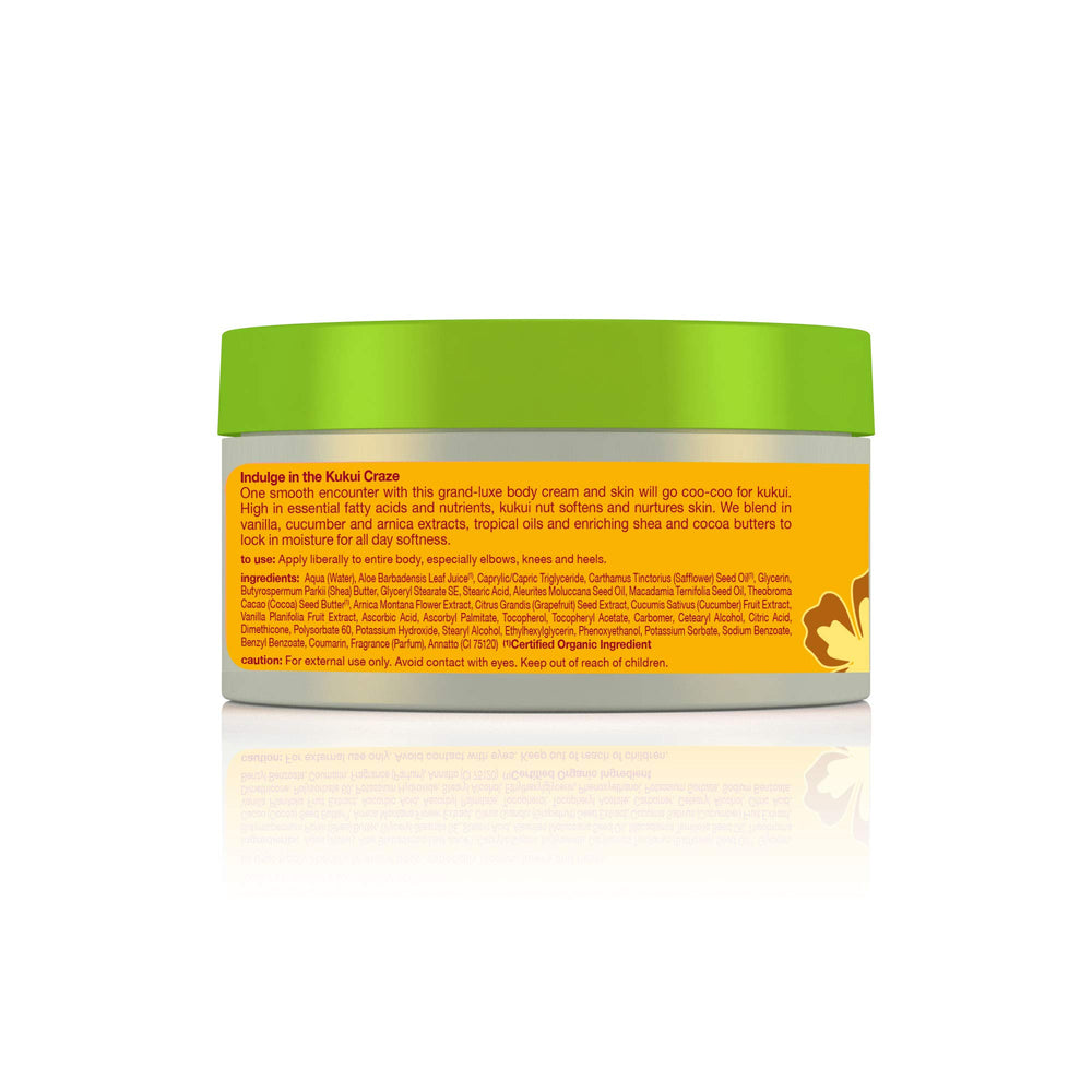 Alba Botanica Kukui Nut Body Cream dispense-pump demonstrates easy application.