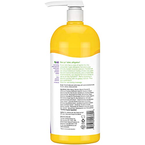 Alba Botanica Lotion Emollient Unscented label closeup highlighting gentle, hypoallergenic formula.