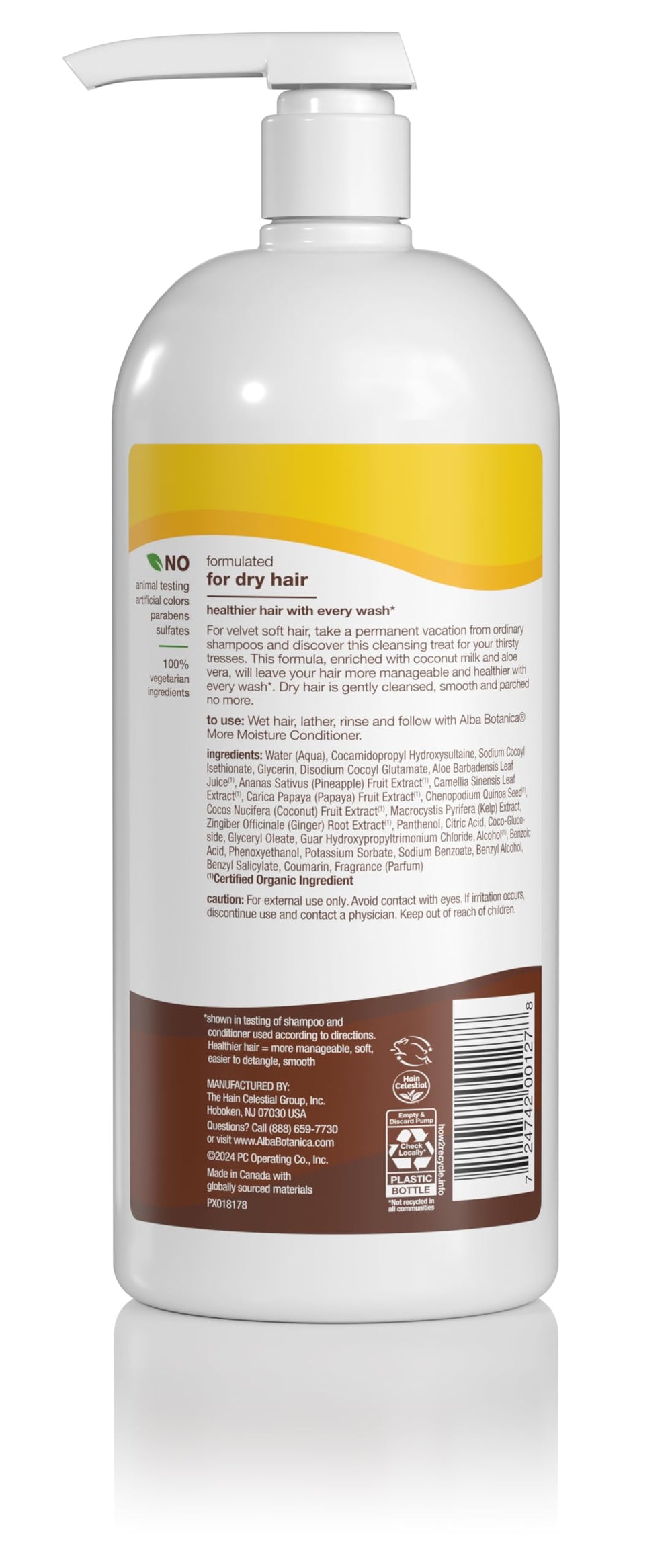 Alba Botanica More Moisture Coconut Milk Shampoo pour showing creamy lather for moisture.