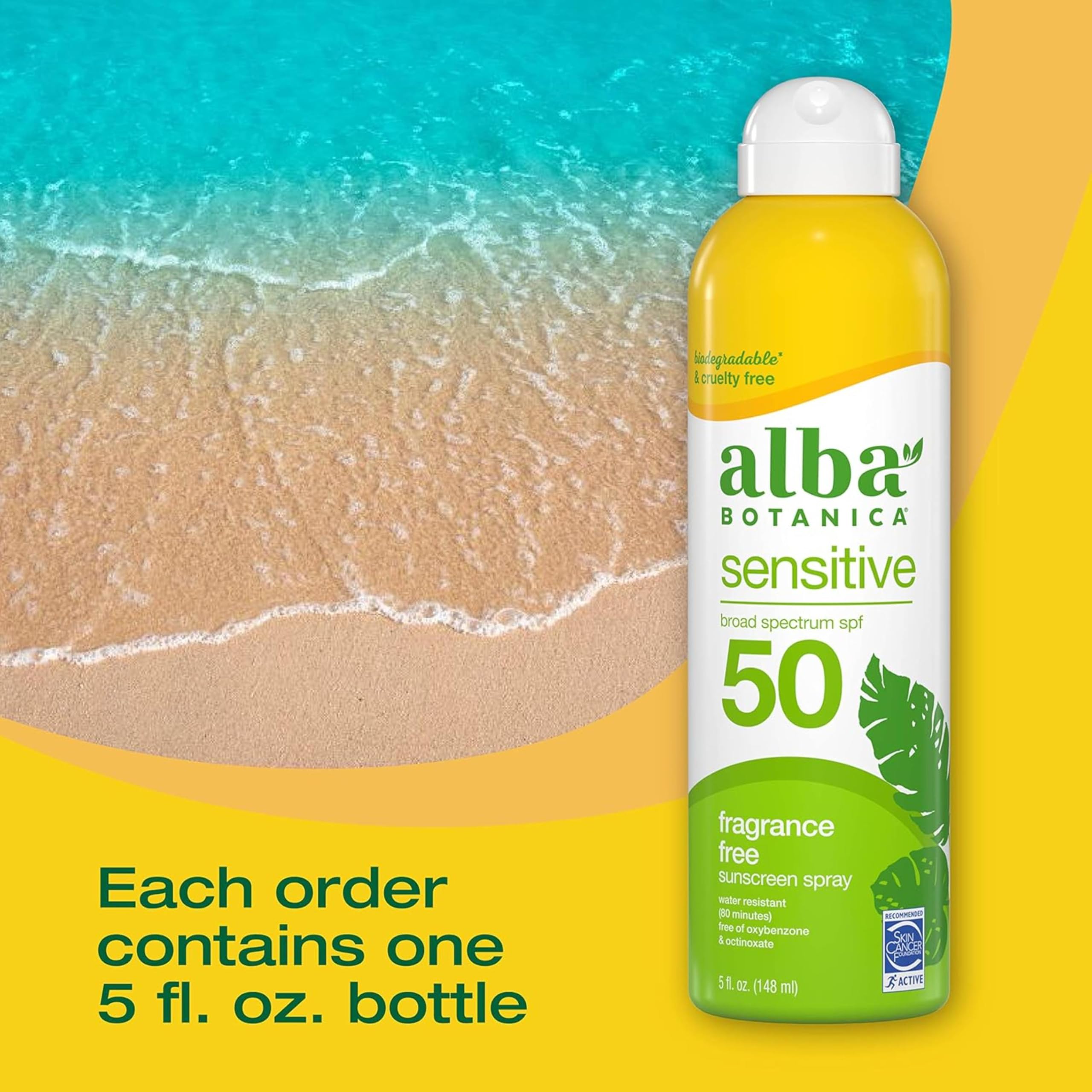Alba Botanica Sensitive Sunscreen Spray SPF 50 broad-spectrum in a travel-friendly bottle
