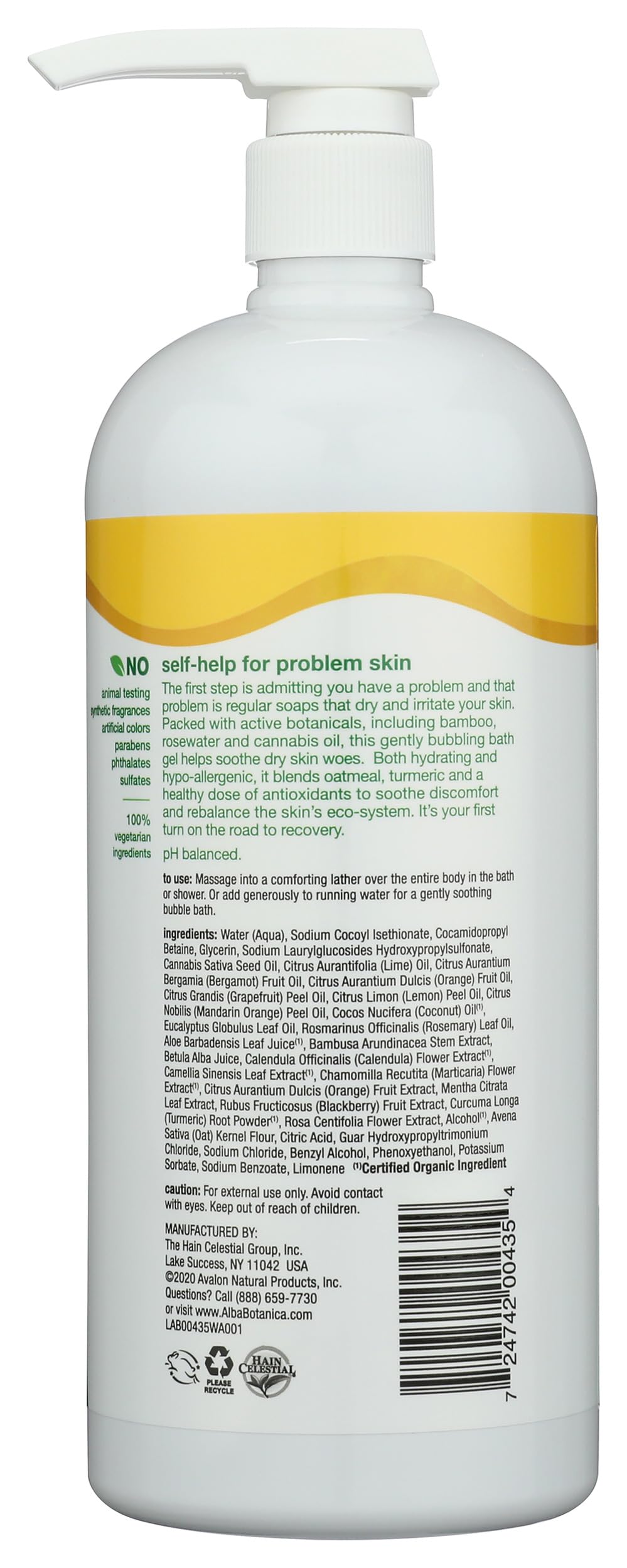 Alba Botanica Very Emollient Bath Gel label close-up showing ingredients and hypoallergenic claim