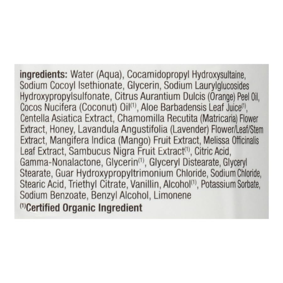 Alba Botanica Very Emollient Honey Mango ingredients close-up highlights gentle vegetarian formula.