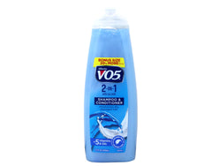 Alberto VO5 2-in-1 bottle back highlights ingredients and value in a 6-pack for busy households.