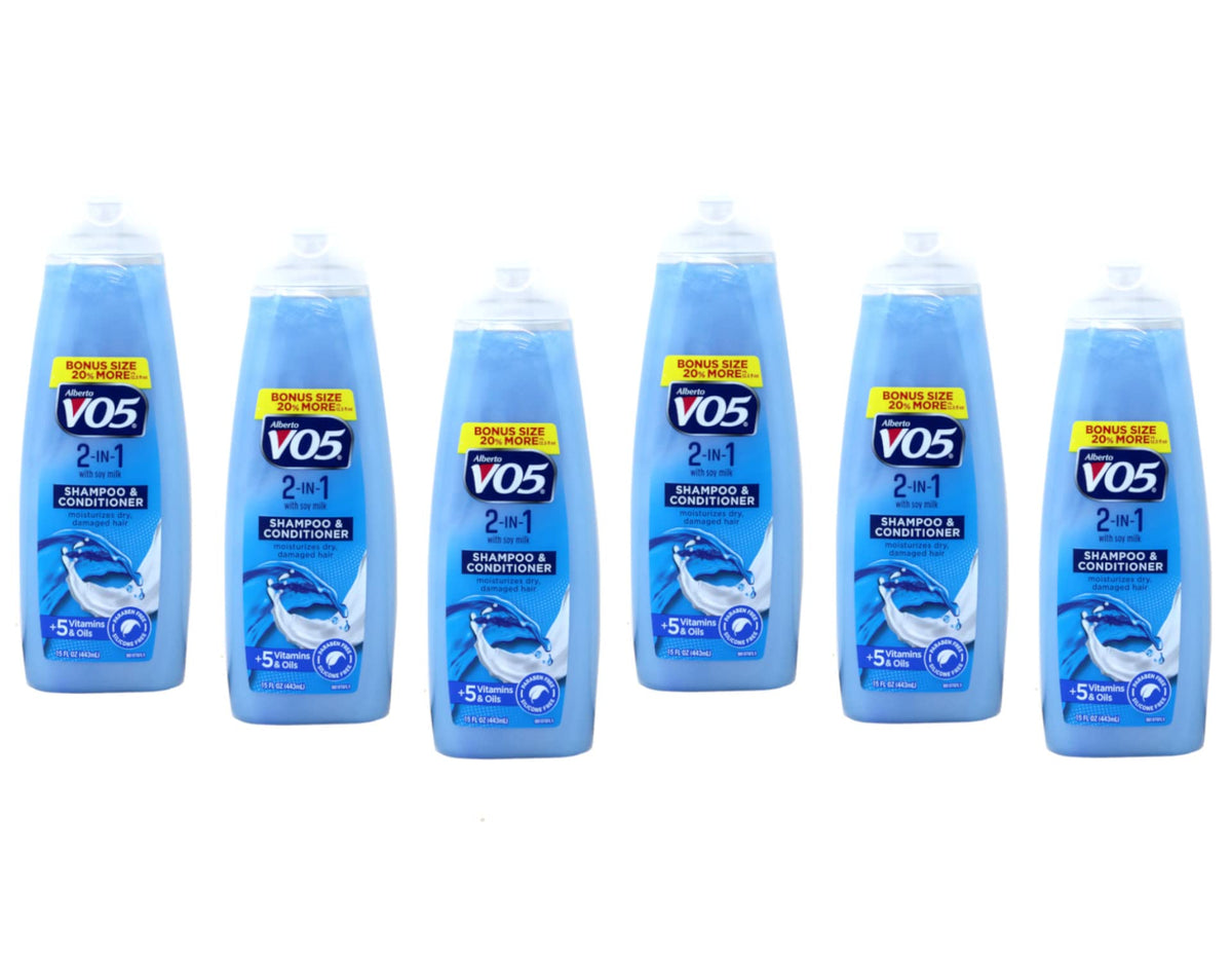 Alberto VO5 2-in-1 bottle front view showing convenient moisturizing formula for daily cleansing.