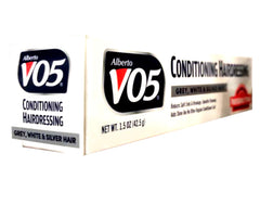 Alberto VO5 bottle close-up showing sleek finish on hair.