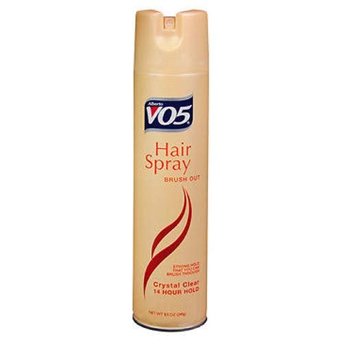 Alberto VO5 Brush Out Crystal Clear hair spray bottle with long-lasting hold for brush-out styling.