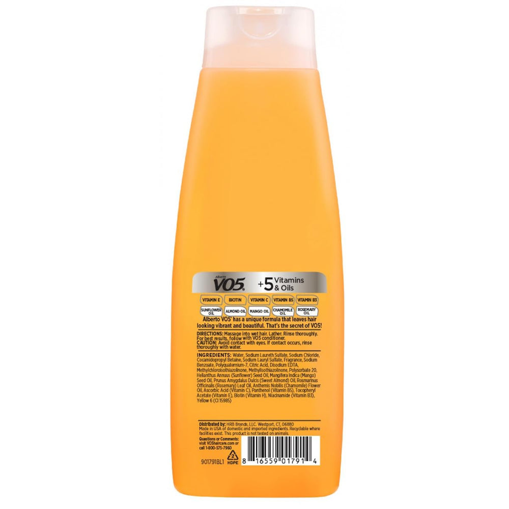 Label closeup of Alberto VO5 Daily Revitalizing Shampoo showing vitamin-rich formula