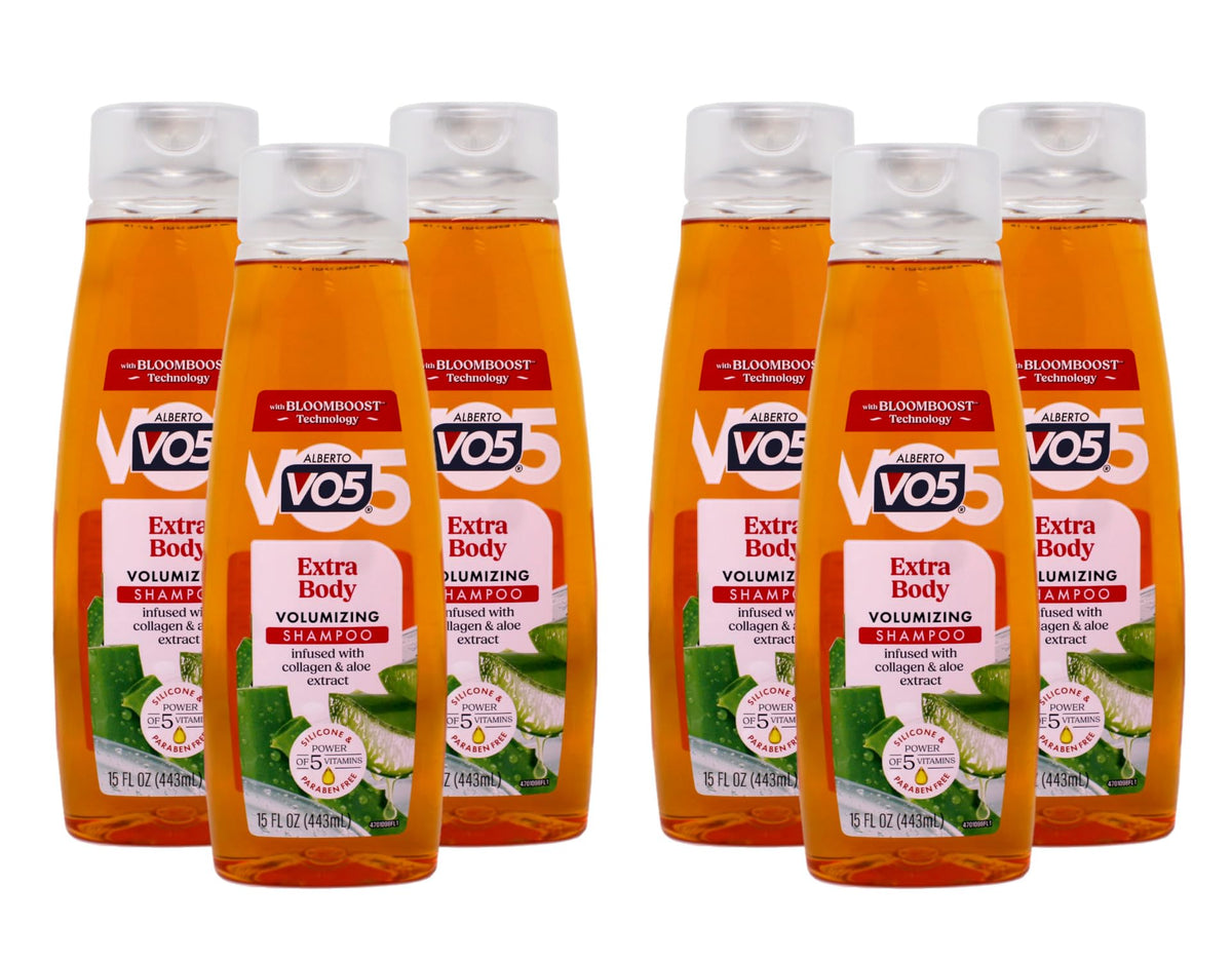 Alberto VO5 Extra Body Shampoo six-pack bottles emphasize value and added volume.
