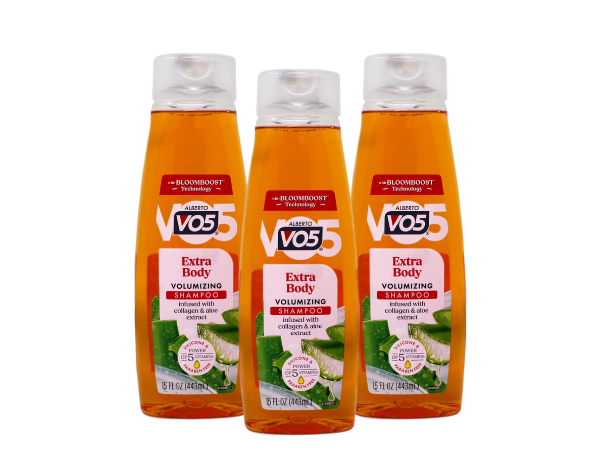 Alberto VO5 Extra Body shampoo bottle front showcases volumizing formula for fuller-looking hair.