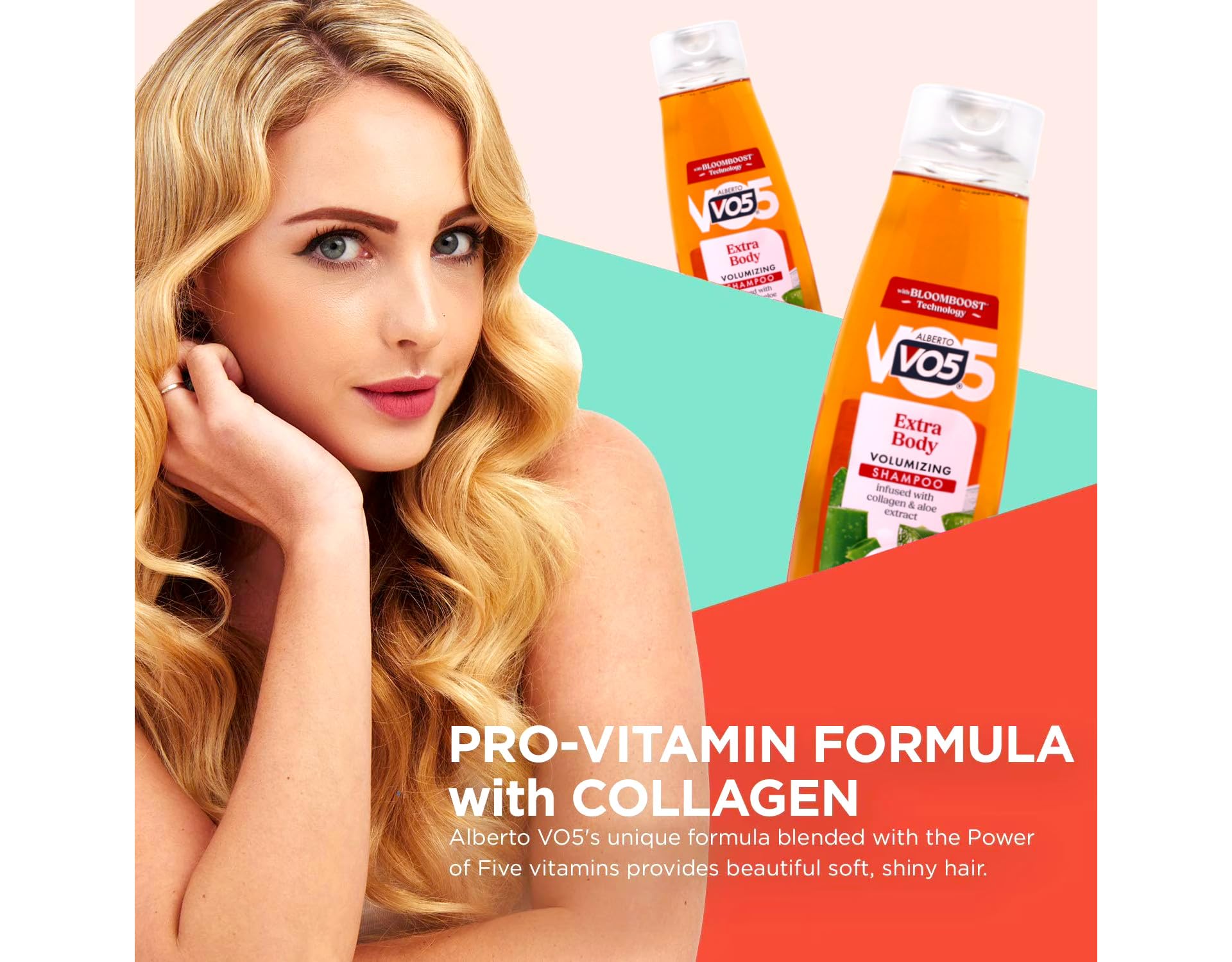 Alberto VO5 Extra Body Shampoo on hair demonstrating enhanced shine and body.
