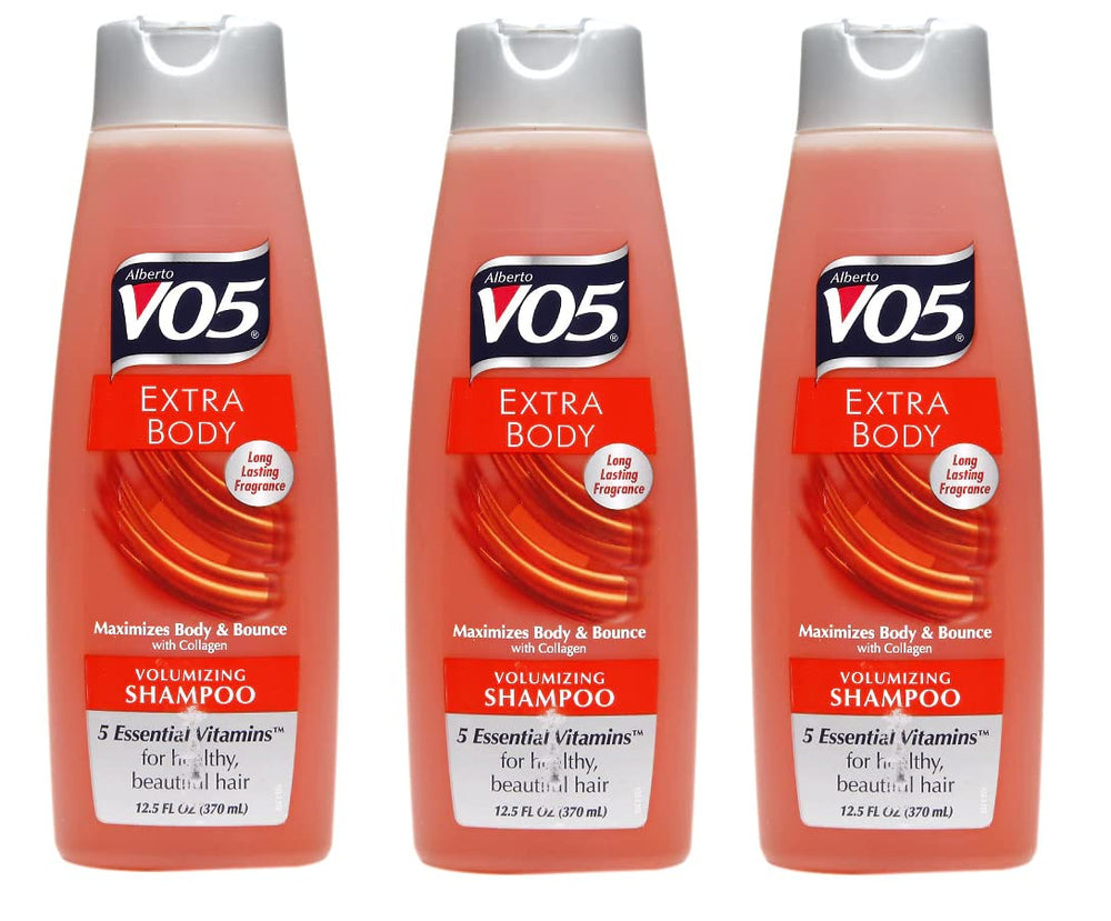 Alberto VO5 Extra Body Volumizing Shampoo bottle for fuller-looking hair and daily styling.