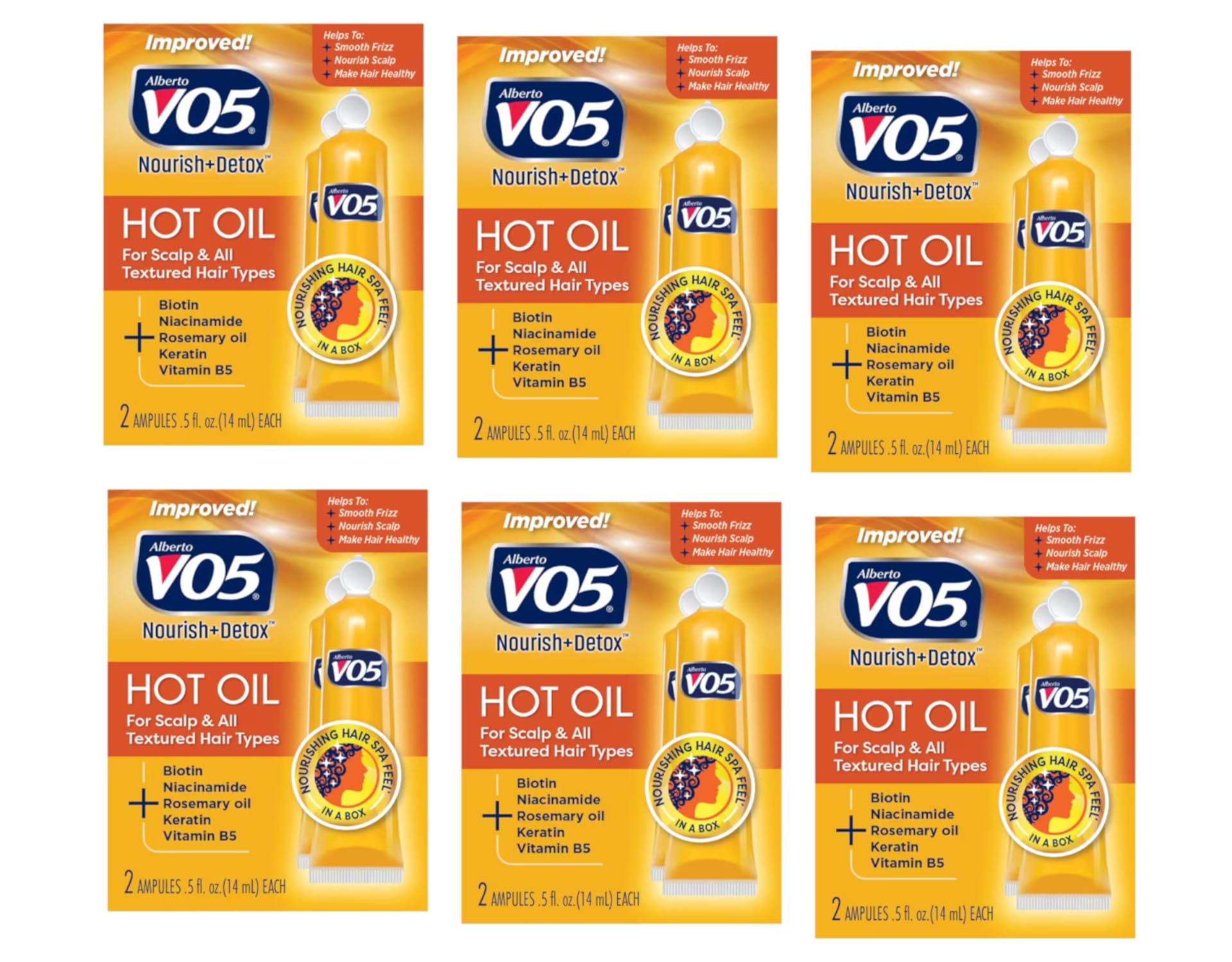 Alberto VO5 Hot Oil Therapy bottle closeup emphasizes rich 5-vitamin 5-protein formula.